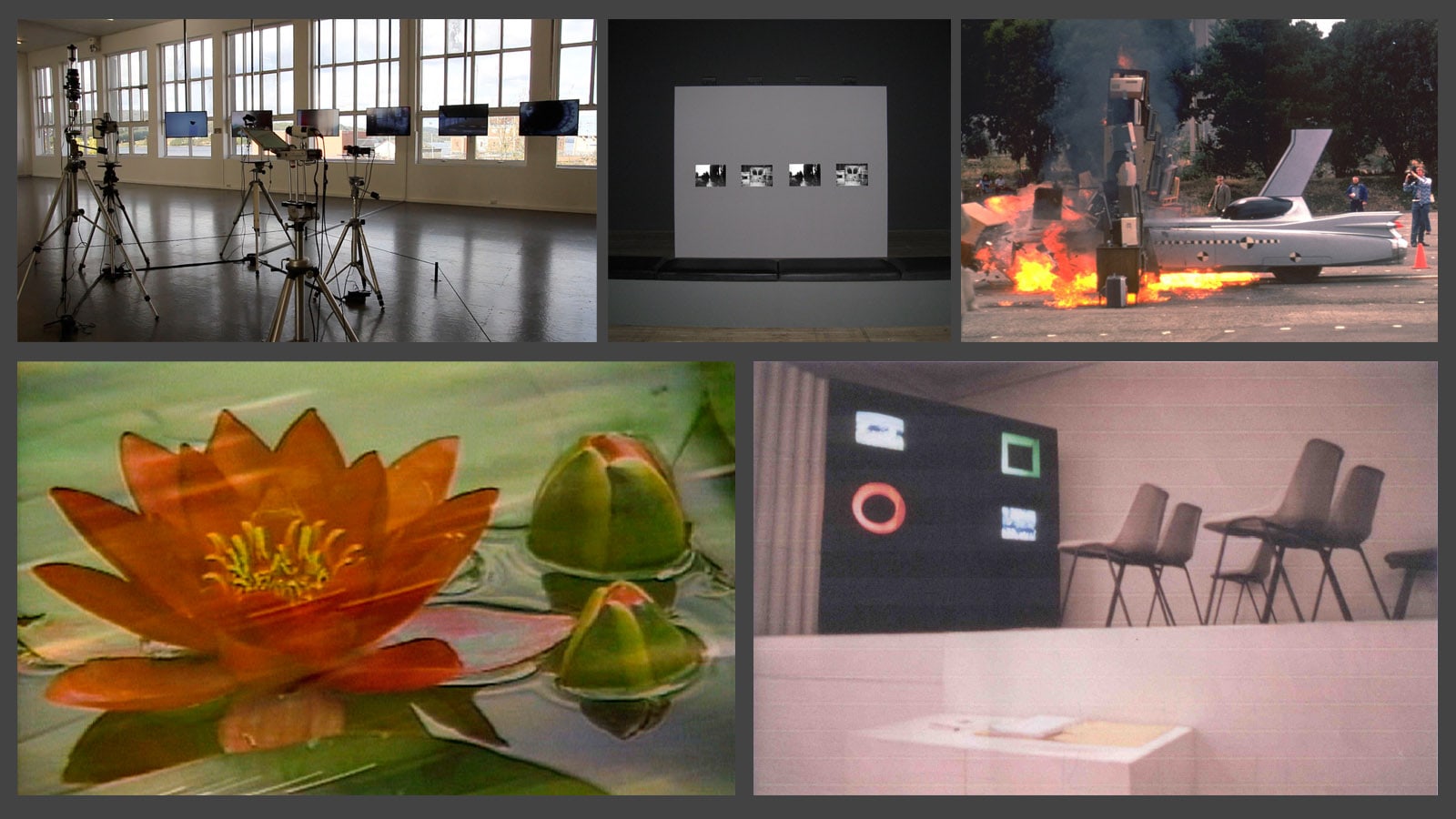 Video stills and isolations from (clockwise, upper left) Vasulka: "Machine Vision", Korot: "Dachau 1974," Ant Farm: "Media Burn," Muntadas: "Pamplona-Grazalema," Lucier: "Ohio to Giverny".