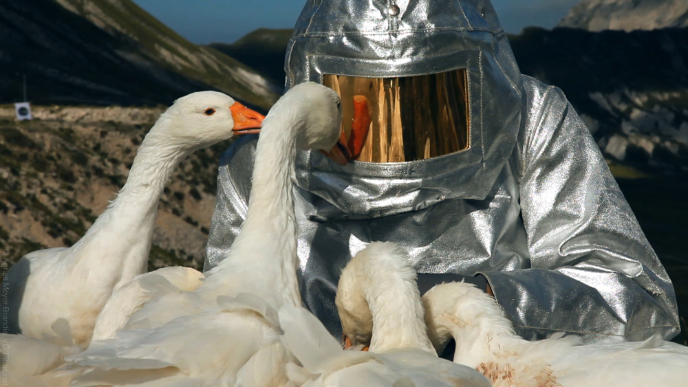 SPACE SUIT TESTING, Astronaut Training Method No. XIII,
Moon Goose Colony, videostill, 2011 © Agnes Meyer-Brandis, VG-Bild Kunst 2018